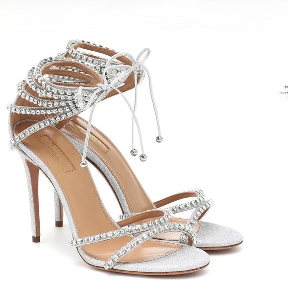 Aquazzura Luminous 105 mm Silver Leather Crystal-Embellished Sandals / Heels - Picture 4 of 17